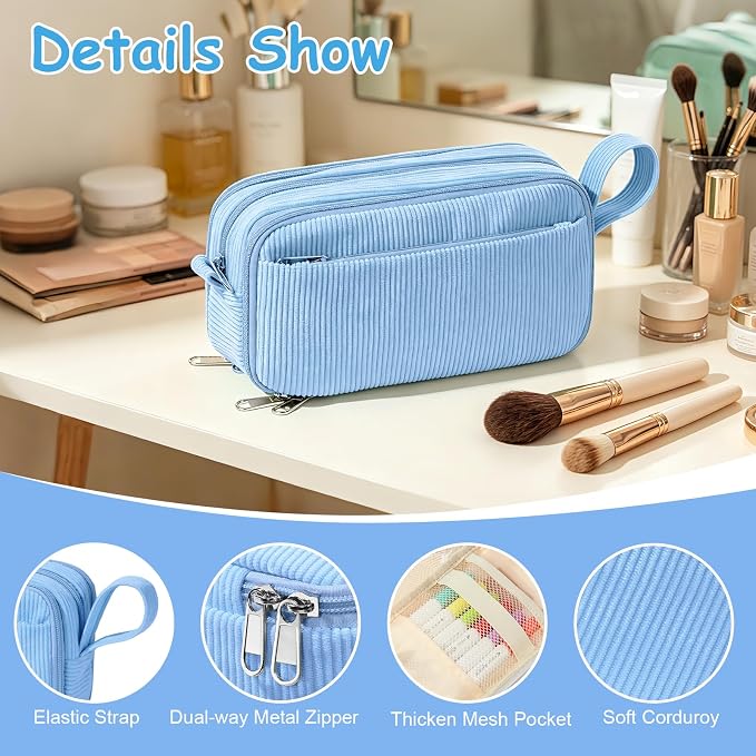 BuyCard Blue Large Capacity Corduroy Pencil Case, Casual Style, Zipper Pouch Organizer for Teen Girls, Boys, Women and Men