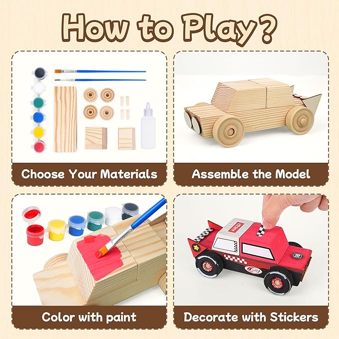 Wooden Build Paint Art Crafts Kit 3 Pack, Make Your Own Car Boat & Plane DIY Craft Toys for Kids Boys, STEM Educational Toy Set for Kids Ages 4-8, 8-12