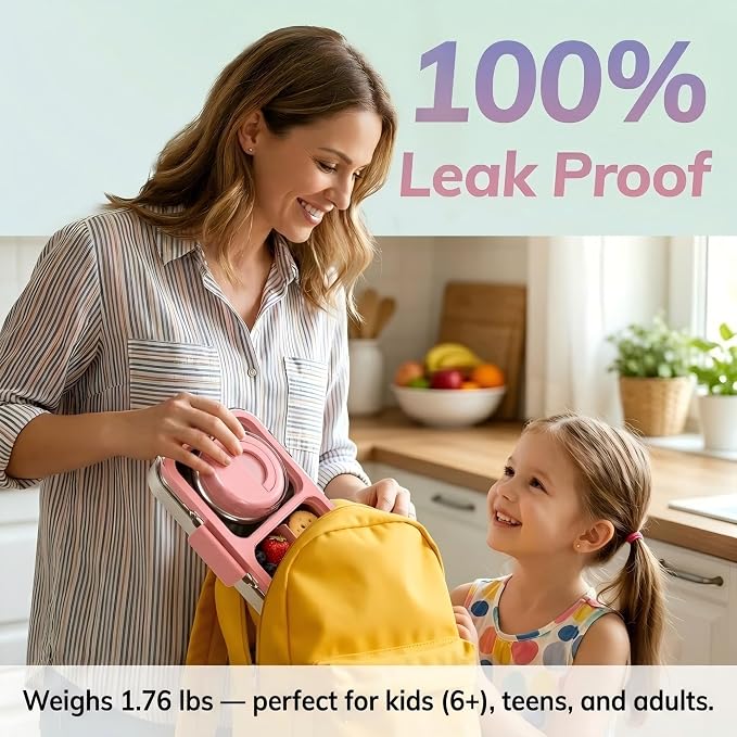 HOMEKOL Stainless Steel Bento Lunch Box + 9.5oz Insulated Food Jar, Pink | 2-Compartment Leak-Proof Container for Kids & Adults, BPA/BPS-Free, 18/8 Metal, Dishwasher Safe, Clear Tritan Lid