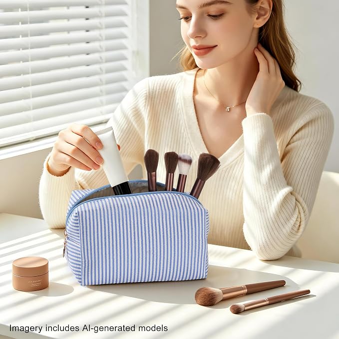 Makeup Bag Set for Women, 6PCS Travel Cosmetic Bags Pencil Case, Striped Seersucker Toiletry Organizer Pouches, Cute Makeup Pouch for Purse, Accessories and Gifts, Blue