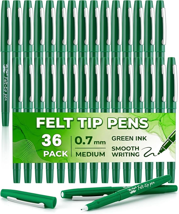 Mr. Pen- Felt Tip Pens, 36 Pack, 0.7 mm, Green Felt Tip Pens Bulk, Fast Dry, No Smear, Planner Markers for Underlining, Writing, Drawing, Journaling Supplies