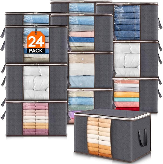 Lifewit 24 Pack 60L Clothes Storage Bins with Lids, Foldable Blanket Storage Bags with Zippers, Clear Window and Reinforced Handles, Closet and Organization for Clothing, Sweater, Comforter, Bedding