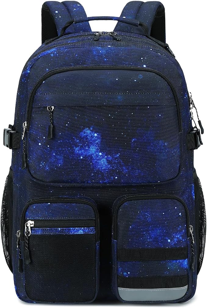 Lohol Water Resistant Backpack with Multifunctional Pockets for Teens, Durable Bookbag fits 15.6 inch Laptop for School Travel College, 25L (Black Blue Galaxy)