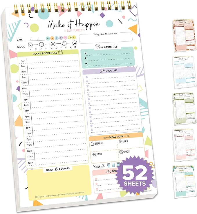 Decorably 52 Sheets Colorful Pastel Undated Daily Planner Pad - 6.5x10in Spring-Bound to Do List Notepad for Schedule, Priorities, Agenda, Water Intake, Meals, Notes and Doodles, Easy Tear-Off Design
