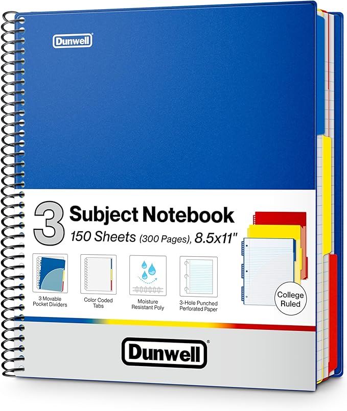 Dunwell 3-Subject Spiral Notebook College Ruled 8.5x11 (Blue), 150 Sheets (300 Pages), Tabs, Colorful Movable Divider Pockets Fit 8.5 x 11 Content, Front/Back Plastic Covers, 3-Hole Perforated Pages