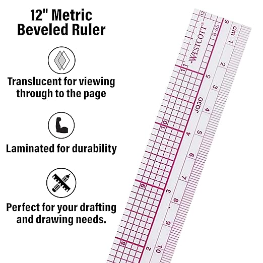 Westcott 10ths/Metric Beveled Ruler, 12-Inch/30cm (B-65), Clear (Pack of 2)