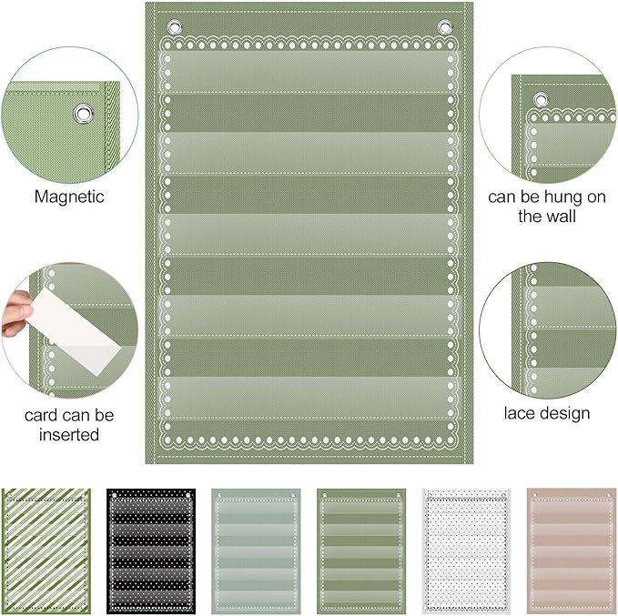 Gueevin 6 Set Magnetic Pocket Chart with 5 Clear Pockets and 30 Dry Erase Cards Painted Classroom Schedule Pocket Chart for Whiteboard Class Demonstrations(Neutral Color,Mixed Pattern)