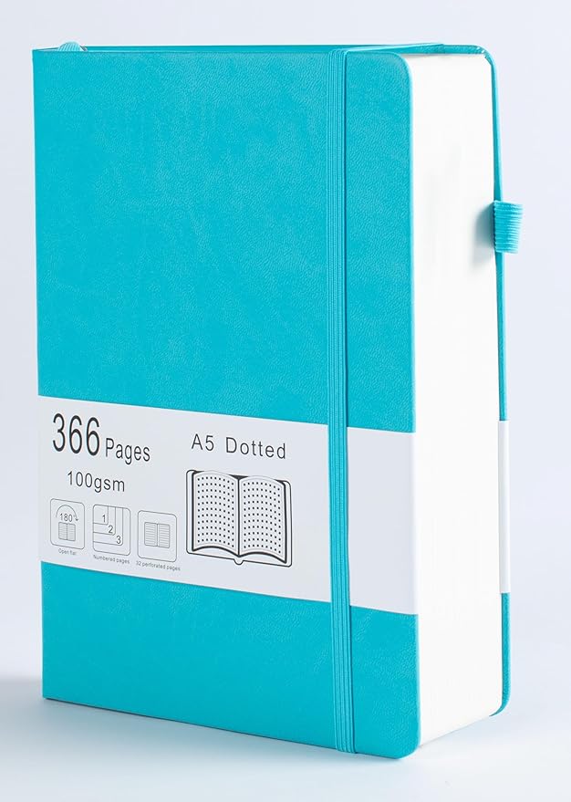 Thick Bullet Notebook with 366 Numbered Pages, A5 Dotted Journal for Writing with 100GSM Dot Grid Paper, Hardcover Leather Notebooks for Women Men School Note Taking Office Work Diary, 5.7"x8.3" Navy