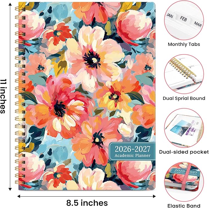 Academic Planner 2026-2027, Weekly and Monthly Calendar Book, July 2026 – June 2027, Hardcover Planner with Tabs, Perfect for Teachers, Students, Women & Men, A4 (8.5" x 11") - Pastel Garden