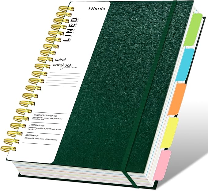 Hardcover Spiral Notebook with removable dividers 300 page,5 Subject Notebook 8"x10" B5 College Ruled Notebooks for School Note taking，Lined Journal for Women (Green)