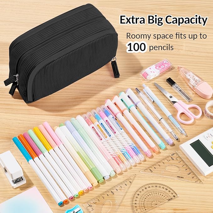 Sooez Big Capacity Pencil Case Pen Pouch, Soft Corduroy Pencil Bag with 3 Compartment, Multiple Pockets, Sturdy Zipper, Cute School Supplies Pen Bag Organizer For Teen Girls College, Black