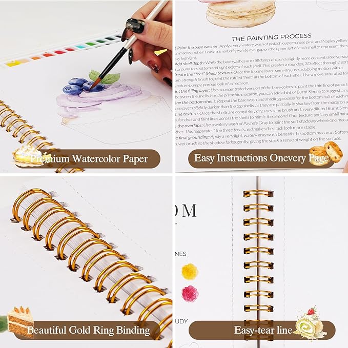 Watercolor Workbook for Beginners,18 Petite Patisserie Baking Water Coloring Book,Relaxing & Easy to Paint Water Coloring Book with 24 Colors-Perfect for Gifting to Creativity & Joy for Adults
