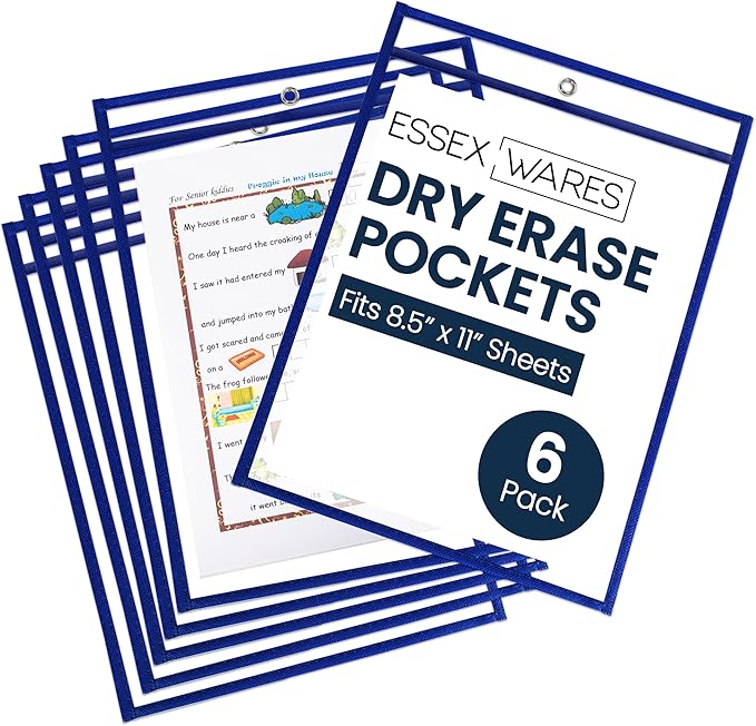 Essex Wares - 6 Pack, Blue, Dry Erase Pocket Document Protectors, 10" Wide x 13.5" Tall - Dry Erase Clear Plastic Sleeves - Reusable & Easy Erase Plastic Invoice Holders, Water-Resistant & Durable