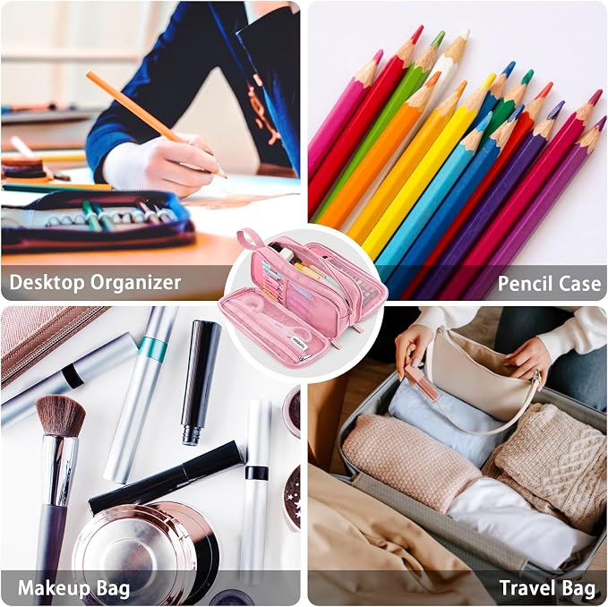 TOPBIDAI Large Pencil Case Pouch for Girls Boy Women Men Adults | Big Capacity Canvas Pencil Bag, Office School Supplies, Multi Compartment Zipper Stationery Pen Box(Light Pink)