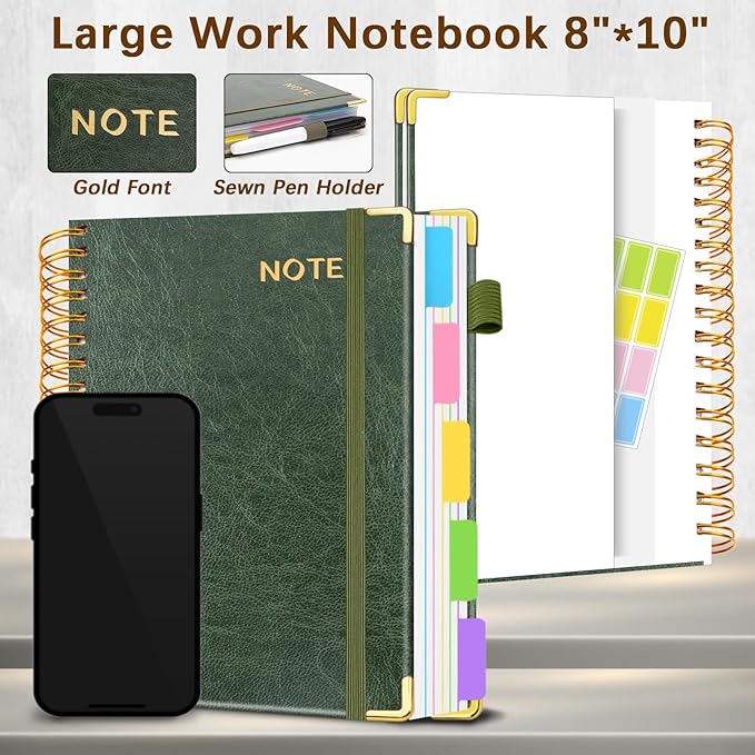 Hardcover Spiral Notebooks for Work 8''x 10'', 300 Pages 5 Subject Notebook with Dividers & Tabs, B5 Spiral Journal for Women, College Ruled Notebooks for School Note-Taking (Green)