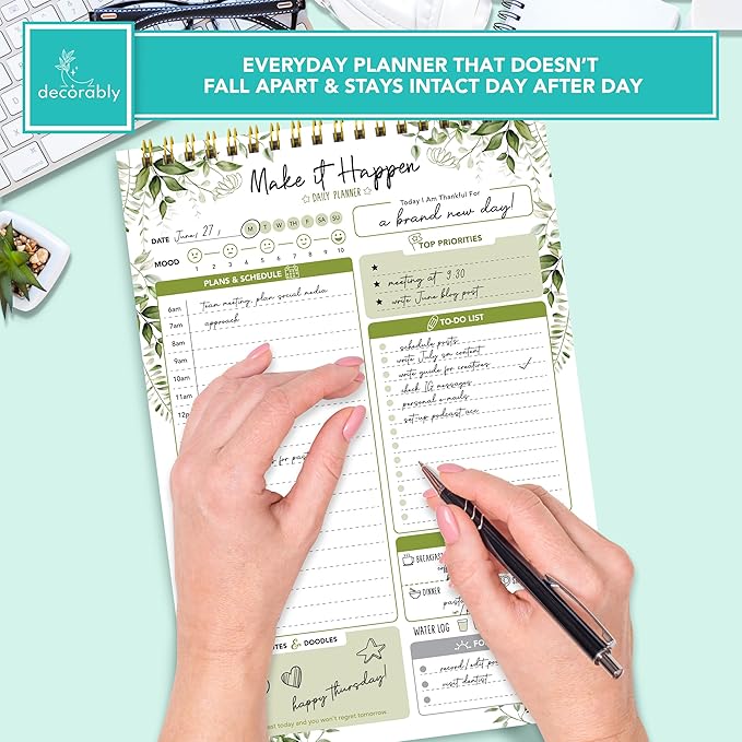 Decorably 52 Sheets Forest Green Undated Daily Schedule Notepad - 6.5x10in Spring-Bound, Easy Tear-Off, to Do List, Schedule, Priorities, Agenda, Water Intake, Meals, Notes and Doodles - Home, Office