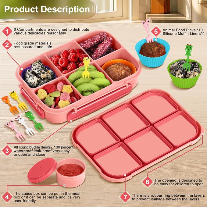 Amathley Lunch Box Kids Girls Boys,Bento Box Adult,Toddler Lunch Containers for School,Leakproof Snack Containers with 6 Compartments,Sauce Container,10 Food Picks and 4 Muffin Cups (Pink)