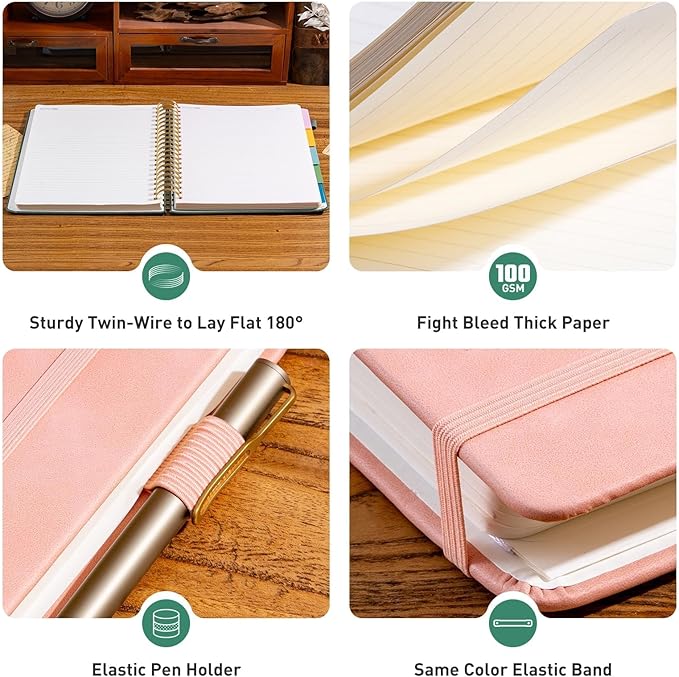 Ovesmusl Hardcover Spiral Notebook 8.5" x 11" with 5 Removable Dividers 300 Pages Leather 5 Subject Notebook College Ruled 100GSM Large Spiral Notebooks for Work Thick Lined Journal for Women, Pink