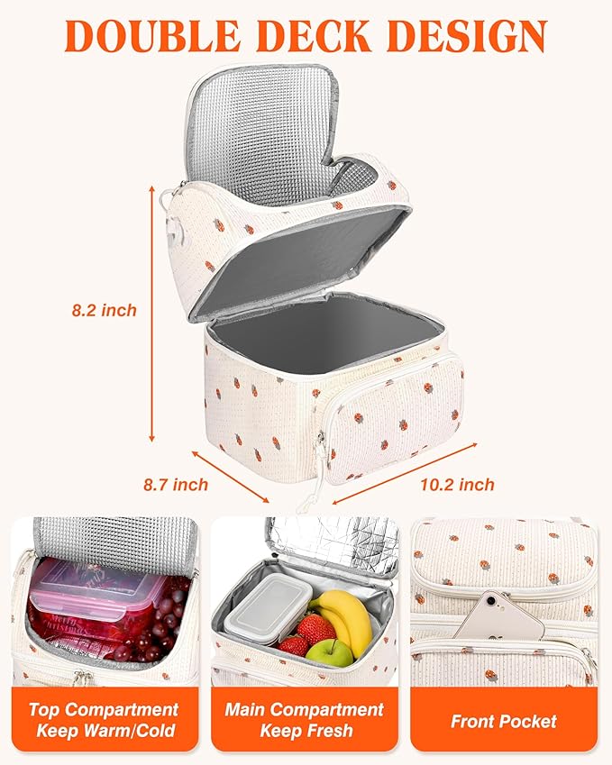 HowFly Lunch Bag for Women Insulated Lunch Boxes Corduroy Resuable Lunch Box for Girls Teens Kigs Boys Portable Thermal Cooler Bags for School Work, Beige Strawberry (Red)