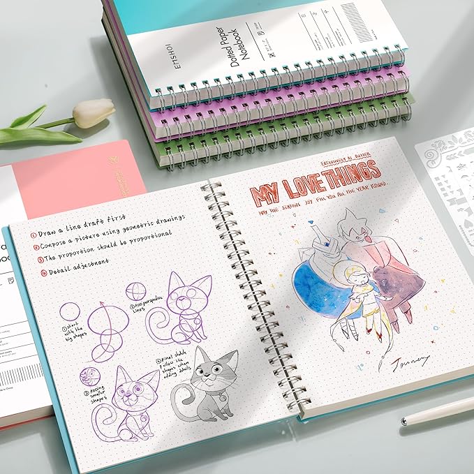 EMSHOI Dotted Journal Spiral Notebook, 300 Pages, A4 Large 8.27"x11.2", 100 GSM Thick Paper, Flexible Plastic Cover, 5mm Dot Grid Notebook for Journaling, Planning, Drawing, Writing, Purple