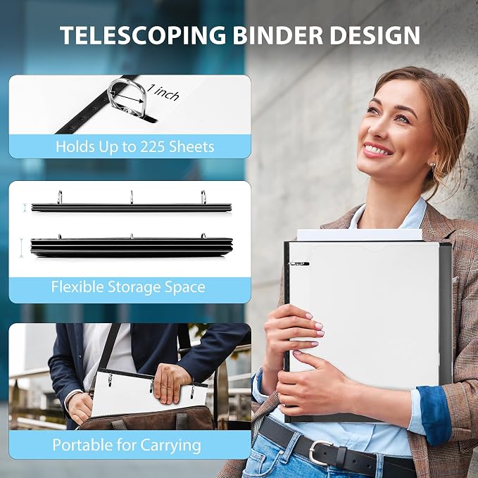 WOT I 1 Inch Telescoping 3 Ring Binder 4 Pack, Expandable Flexible Binder with Customizable Front Cover & Clear Catalog Pocket, Holds 8.5"x11" Paper, School Office Supplies, Black+White