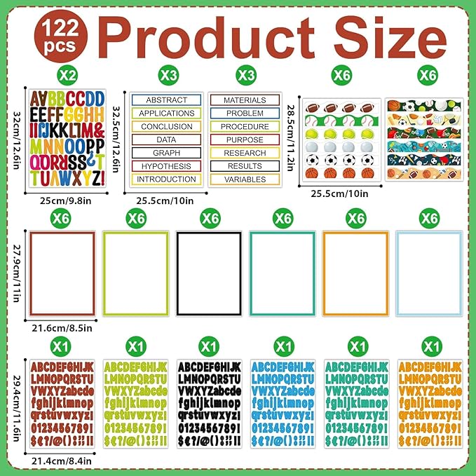 122 Pcs Science Fair Board Supplies 72 Sports Football Trim Scalloped Borders 36 Presentation Board Subtitle 6 Self Adhesive Project Title 8 Letter Sticker for Classroom Office Display Decor(Sports)