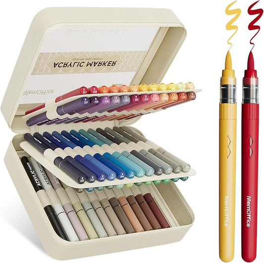 MemOffice Direct Liquid Acrylic Paint Markers, 60 Colors Brush Tip Pens with Carrying Case, No Bleed, Waterproof, for Rock, Wood, Canvas, Glass, Fabric, DIY Crafts for Adults