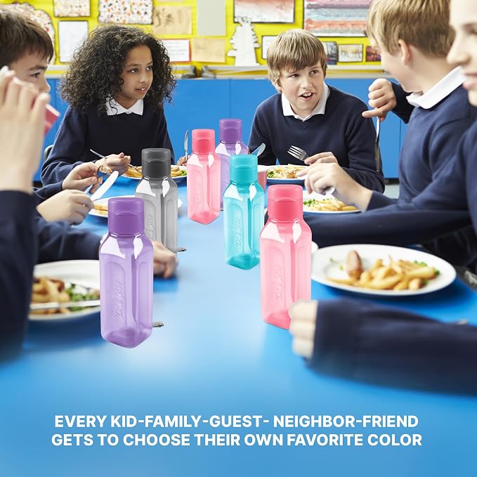 Bulk Set of 4 10oz Multicolor Water Bottles for Kids and Adults - Leak Proof With Carry Strap - Square Reusable for Juice, Drinks - BPA-Free Dishwasher-Safe