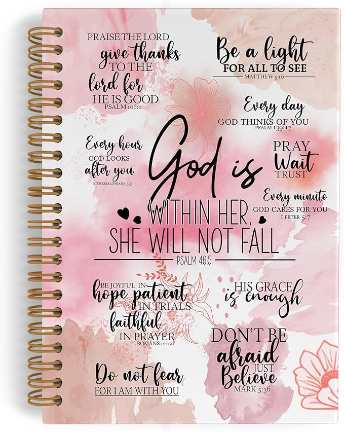 QLMX Pink God Is Within Her She Will Not Fall Spiral Notebook, Christian Gifts for Women A4 Journal Notebook, Bible Notebooks for School Work, Inspirational Religious Office Supplies Gifts, 8.3x11.7In