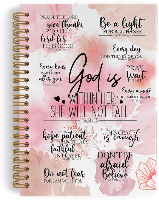 QLMX Pink God Is Within Her She Will Not Fall Spiral Notebook, Christian Gifts for Women A4 Journal Notebook, Bible Notebooks for School Work, Inspirational Religious Office Supplies Gifts, 8.3x11.7In