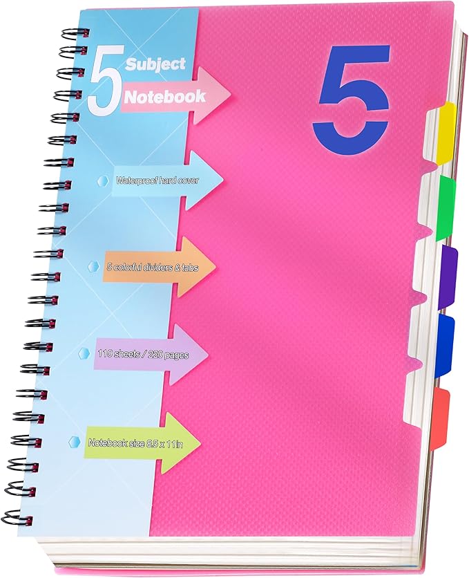 CAGIE 5 Subject Notebook 8.5 x 11，A4 Spiral Notebooks College Ruled Spiral Notebook with Dividers Tabs，220 Pages Lined Spiral Notebook for Note Taking, School, Work, Pink