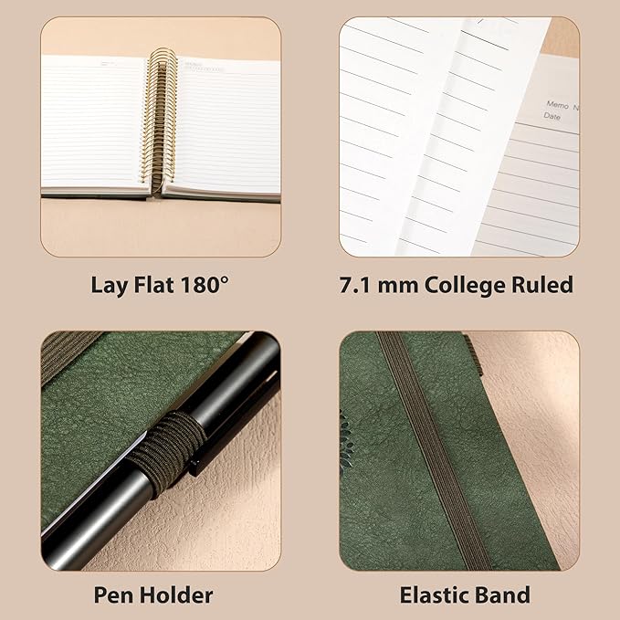 Yoment Hardcover Spiral Notebook 8.5" x 11" Leather 5 Subject Notebook College Ruled with Dividers Tabs 300 Pages Large Spiral Journal Notebooks for Work School Note-Taking Business, Green