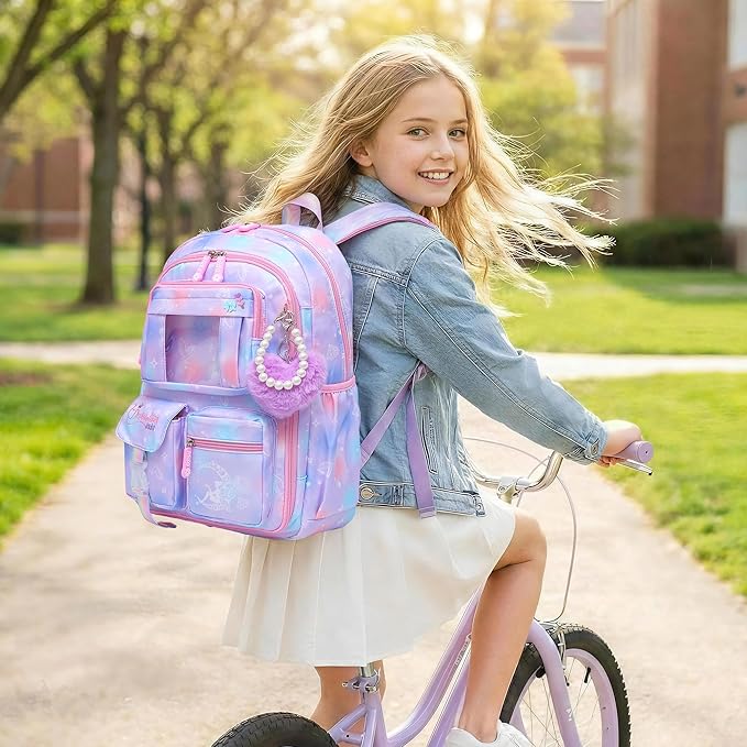 Alrisg Girls Backpack for Kids Elementary Middle School Cute Student Bookbag School Bag Purple