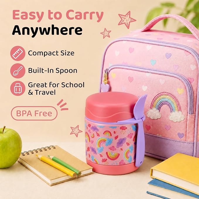 Pawtong 10oz Soup Thermo for Hot Food Kids Insulated Food Jar,Thermo Hot Food Lunch Container, Width Mouth Stainless Steel Lunch Box for Kids with Spoon (Pink-rainbow)