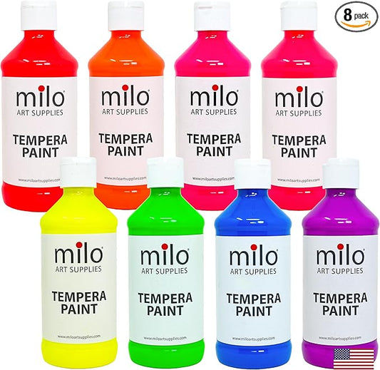 milo Fluorescent Neon Washable Paint | 8 oz Bottles 8 Colors | Made in the USA | Glows UV in Black Light | Safe & Non-Toxic Tempera Paint for Art & Craft, Poster, Window, Classroom, School