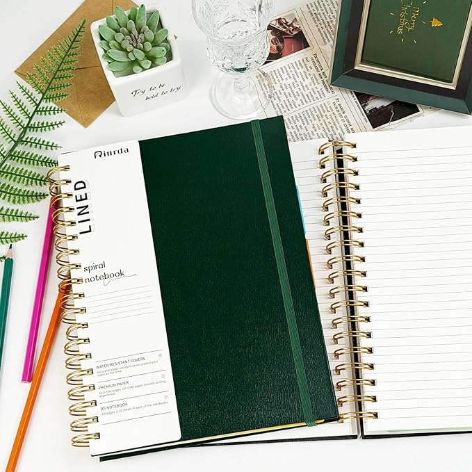 Hardcover Spiral Notebook with removable dividers 300 page,5 Subject Notebook 8"x10" B5 College Ruled Notebooks for School Note taking，Lined Journal for Women (Green)