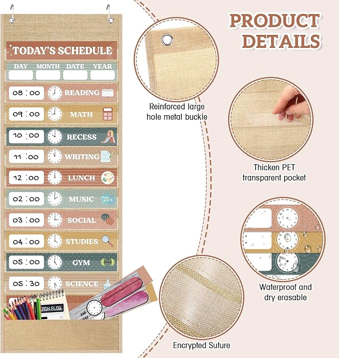 Pasimy Burlap Daily Schedule Pocket Chart with 31 Reusable Cards and 14 Pockets Retro Rainbow Classroom Decor Farmhouse Schedule Charts Decorations for Back to School Office Home Educational Activity