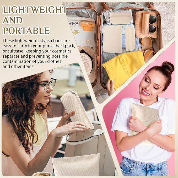 Huhumy 3 Pcs Makeup Bag Set for Women Corduroy Cosmetic Pouch Aesthetic Smile Travel Toiletry Bag Cute Purse Pouch Pencil Case Makeup Brushes Storage Organizer with Zipper(White,Solid Style)