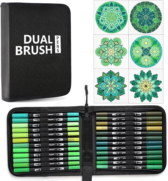 Green Dual Tip Brush Pen,Colored Fine & Brush Calligraphy Pens, Dual Tip Green Markers for Adult Coloring Felt Tip Books Drawing Planner Calendar Art Sketch Outlining Sketching Calligraphy