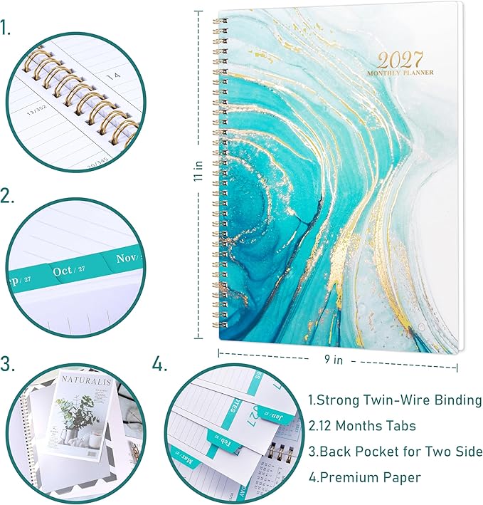 2027 Monthly Planner/Calendar - January 2027 - December 2027, Monthly Planner 2027, 12 Months Planner with Tabs & Note Pages, 9" x 11", Twin-Wire Binding and Two-Side Pocket, Perfect Organizer