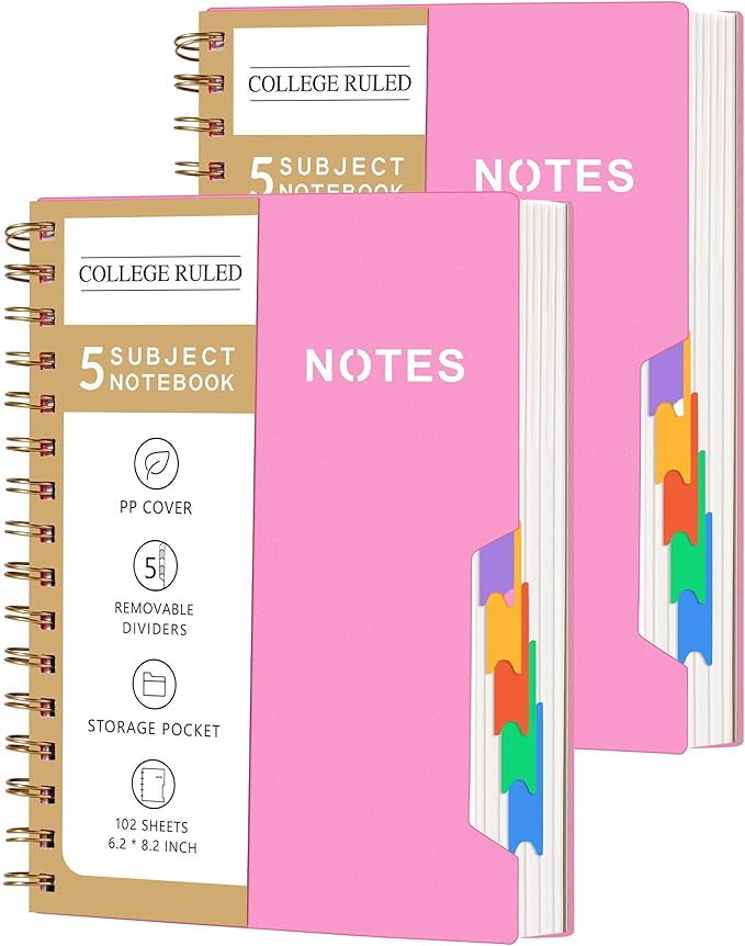 CAGIE 2 Pack Spiral Notebooks for School Work with Removable Dividers Tabs, Small A5 5 Subject Notebook College Ruled, Lined Journaling Notebook for Women Men Writing, Pink