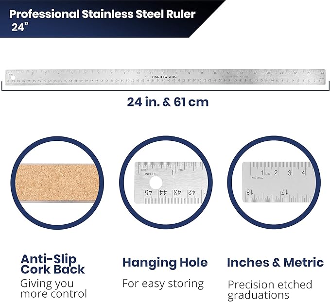 Pacific Arc Stainless Steel 24 Inch Metal Ruler Non-Slip Cork Back, with Inch and Metric Graduations