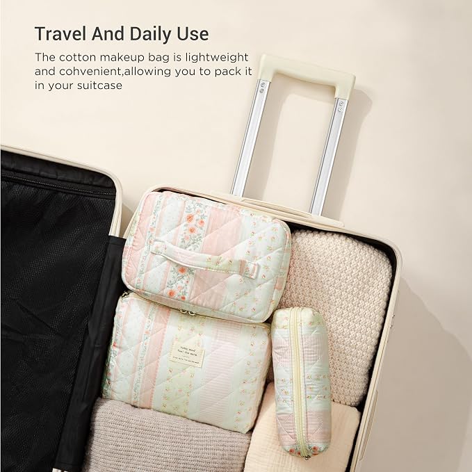HBselect Quilted Makeup Bag, 3Pcs Cotton Large Travel Makeup Bags Organizer | Cute Floral Make up Bag Cosmetic Bag Toiletry Bag for Women Girls, Makeup Pouch for Skincare, Brushes & Travel Essentials