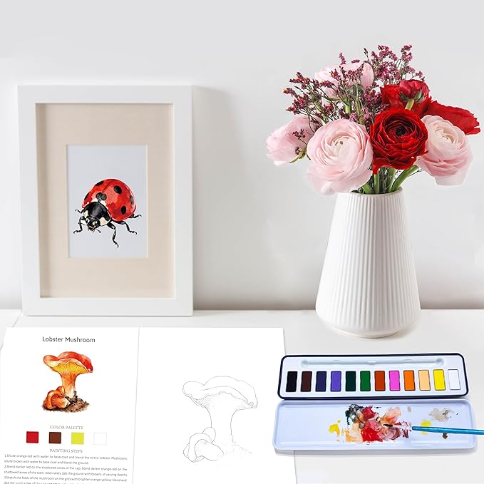 CraftyManor 2Pcs Watercolor Workbook Creative Water Color Paint Book Set with Paints & Brush, 12 Patterns of Original DIY Designs, Beginner-Friendly Adult Coloring Books (Insect & Mushroom)
