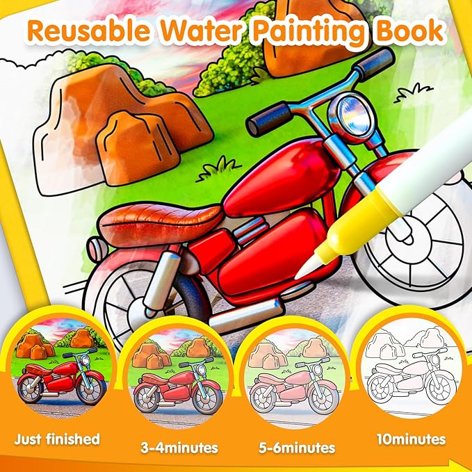 ZHOC Reusable Water Painting Books for Kids – Magic Water Reveal Coloring Books with Water Pens (Cars) No-Mess Coloring Book Fun Travel Activity for Ages 3 4 5 6 7 8