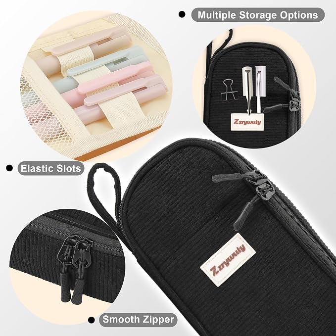 Zzrywuty Aesthetic Pencil Case, Large Capacity Soft Corduroy Pouch with Handle, Wide Opening Black Cute Stationery Bag & Organizer for School Office, Teens Adults