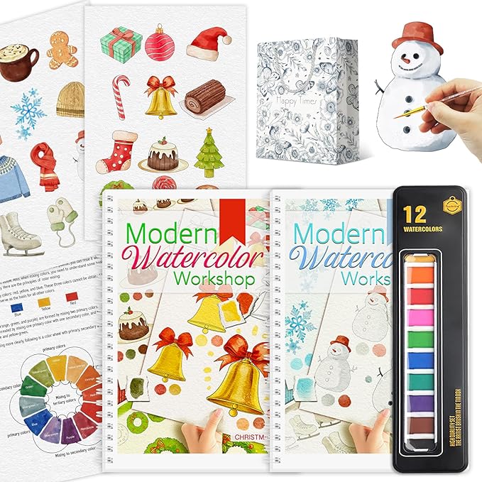 2Pcs Watercolor Workbook Beginner-Friendly Water Coloring Book with 12 Colors Paint Color with Paint Brush, Watercolor Paper, Beginner Watercolor Painting Kit Watercolor Paper - Valentine's Day Gift