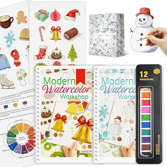 2Pcs Watercolor Workbook Beginner-Friendly Water Coloring Book with 12 Colors Paint Color with Paint Brush, Watercolor Paper, Beginner Watercolor Painting Kit Watercolor Paper - Valentine's Day Gift