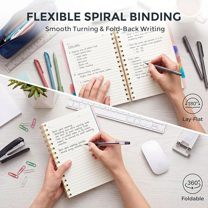 Koogel Spiral Notebook with Tabs, 5 Subject Spiral Notebook College Ruled with Removable Dividers, 200Pages Lined Journals for Women Journals Note Taking Work School Gifts, 5.8x8.3Inch, Pink