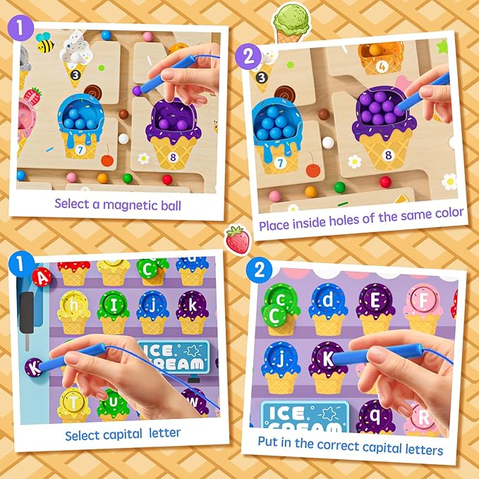 2 in 1 Magnetic Color and Number Maze Double-Sided ABC Alphabet Puzzles Board Magnet Dinosaur Counting Maze Preschool Learning Montessori Education 3 4 5 Years Toys (Ice Cream, One Size)